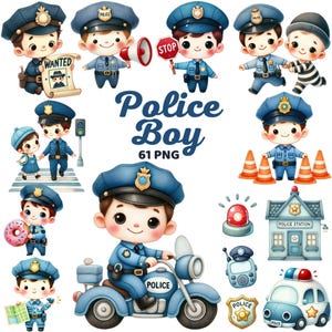 May include: A set of cartoon illustrations depicting police officers in various scenarios. The images include officers with a megaphone, a stop sign, and riding a motorcycle. The text "Police Boy" is displayed in a prominent font.