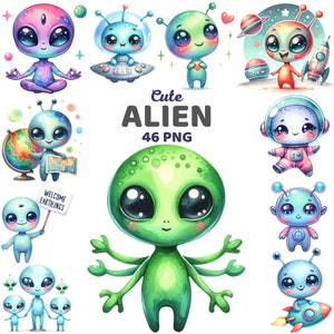 Cute Alien Clipart, Watercolor Adorable Alien, Sci-Fi Nursery Decor, Aliens Illustrations, Universe Png, Outer Space, Kids Space Theme Png