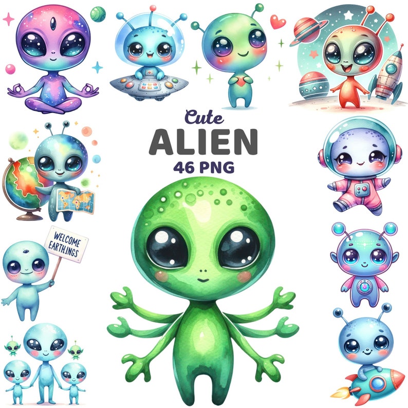 Op de afbeelding: Een set van 46 digitale illustraties van schattige cartoon-aliens in verschillende poses en uitdrukkingen. De aliens zijn getekend in aquarelstijl en hebben felle kleuren, grote ogen en vriendelijke gezichten. De set bevat aliens die borden vasthouden, ruimtepakken dragen, in ruimteschepen vliegen en meer.