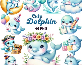 Clipart dauphin mignon, aquarelle kawaii bébé dauphin, sublimation animaux mer océan pour enfants, fête d'anniversaire sous-marine baby shower png