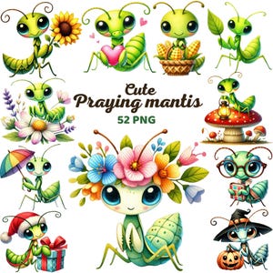 May include: A collection of cute, cartoon praying mantis illustrations. The mantises are depicted in various poses, holding items like flowers, hearts, and gifts. The image includes the text "Cute Praying mantis 52 PNG".