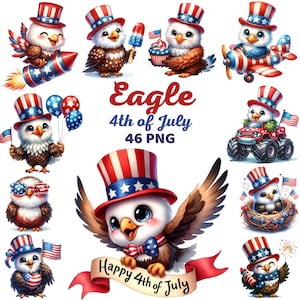 Może przedstawiać: Zestaw cyfrowej grafiki clipart z motywem 4 lipca z uroczymi kreskówkowymi orłami bielikami w czerwono-biało-niebieskich patriotycznych kapeluszach. Orły trzymają różne rekwizyty, w tym fajerwerki, balony, monster trucka i baner z napisem "Happy 4th of July".