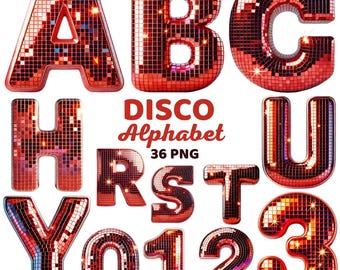Retro Disco Alphabet Clipart, Red Shiny Mirror Ball Letters & Numbers, Colorful 80s 70s Party Funky Lettering Png