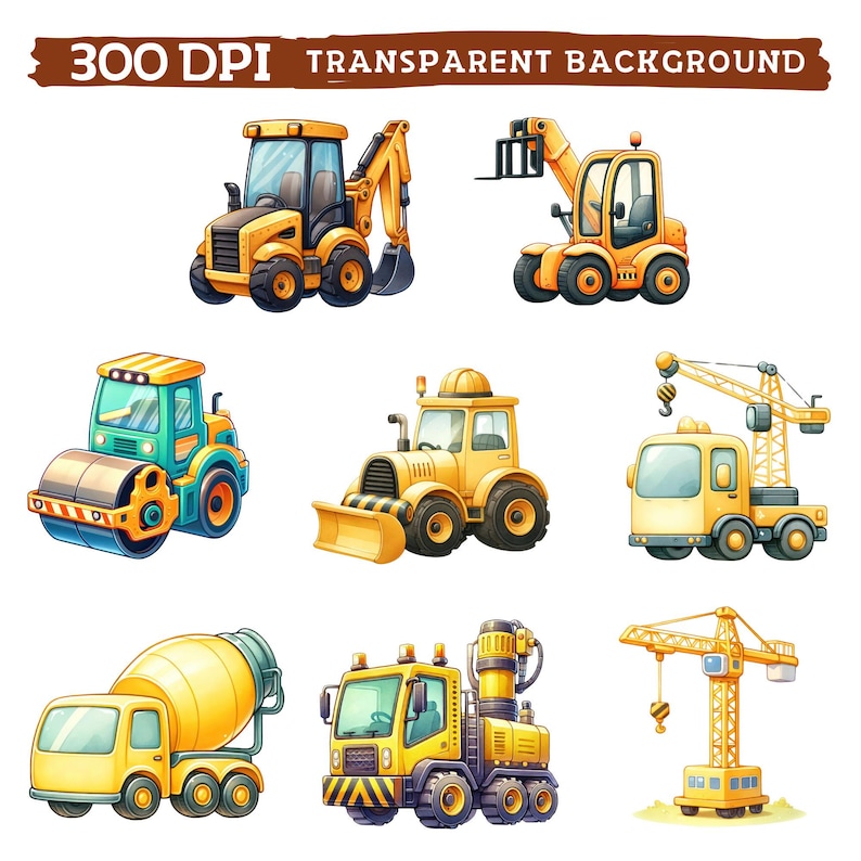 May include: A set of ten cartoon illustrations of yellow construction vehicles, including a bulldozer, a crane, a cement mixer, a forklift, and a road roller. The vehicles are all on a white background.
