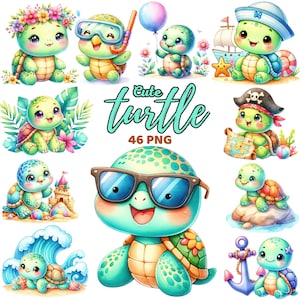 Imágenes prediseñadas de tortugas lindas, vivero de tortugas de acuarela, imágenes prediseñadas de animales marinos del océano, submarino, paquete de baby shower para niños de vida marina Png