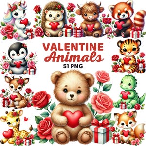 Clipart di animali di San Valentino, acquerello carino romantico, animale dell'amore della giungla del bosco, fiore di rosa a forma di cuore, biglietti di auguri fai da te per la decorazione della cameretta dei bambini Png