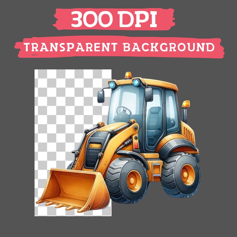 May include: A yellow and black cartoon illustration of a construction backhoe with a large bucket. The backhoe has a cab with a windshield and a seat. The backhoe is on a transparent background.