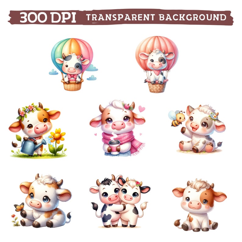 May include: A set of eight digital illustrations featuring cute cartoon cows in various poses. The cows are white with black spots and have pink noses and hooves. They are wearing different outfits, including a pink scarf, a flower crown, and a hot air balloon. The illustrations are perfect for use in digital scrapbooking, card making, and other creative projects.