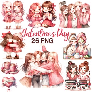 Watercolor Cute Galentine&#39;s Day Clipart, Funny Single Girl Party Valentine, Bestie Valentines Best Friends Forever Love Romantic Png