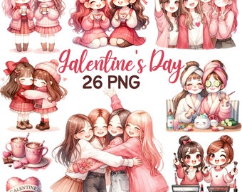 May include: A set of 26 digital illustrations featuring cute cartoon girls in various poses and settings. The illustrations are perfect for Valentine's Day or Galentine's Day and feature themes of friendship, love, and self-care. The illustrations are in a pink and red color scheme and feature hearts, flowers, and other romantic details.