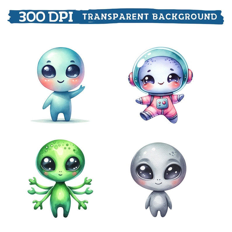Op de afbeelding: Vier cartoon-illustraties van aliens. Een blauwe alien met een vriendelijke glimlach, een roze en witte alien met een ruimtehelm, een groene alien met meerdere armen en een grijze alien met grote ogen.