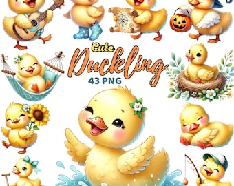 Cute Duckling Clipart, Watercolor Duck Nursery, Baby Ducks, Farm Animal Clipart, Spring Summer Halloween, Kids Baby Shower Bundle Png