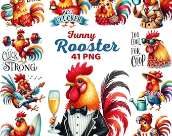 Funny Rooster Clipart, Watercolor Hilarious Chicken, Roosters, Farm Animal Sublimation, Farmhouse Decor Png
