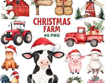 Cute Christmas Farm Clipart, Watercolor Cozy Christmas Farm Animals, Holiday Festive Animal Santa Hat, Farmhouse Christmas Png