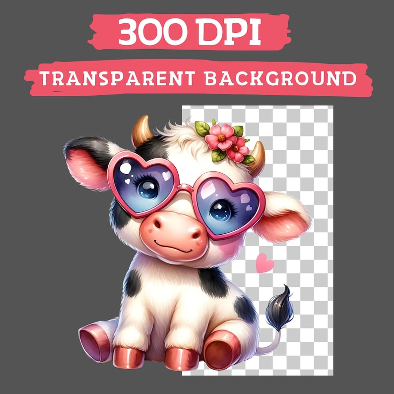 May include: A cartoon illustration of a white and black cow wearing pink heart-shaped sunglasses and a pink flower crown. The cow is sitting with its legs crossed and has a pink heart above its tail.