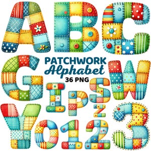 Puede incluir: Un alfabeto de patchwork con letras de la A a la Z y números del 0 al 9. Cada letra y número está hecho de cuadrados de tela de colores cosidos juntos.