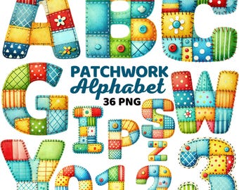 Patchwork Alphabet Clipart, Colorful Quilted Letters and Numbers, Sewing Font Theme, Quilting Kids Nursery, Fabric Texture Lettering Png