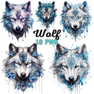 以下が含まれることがあります： 水彩画風の狼の頭のイラストが18点入ったデジタル画像セット。狼は青と白の毛並みで、額には複雑な幾何学模様が描かれている。一部の狼は青い花に囲まれ、青い塗料が垂れている。