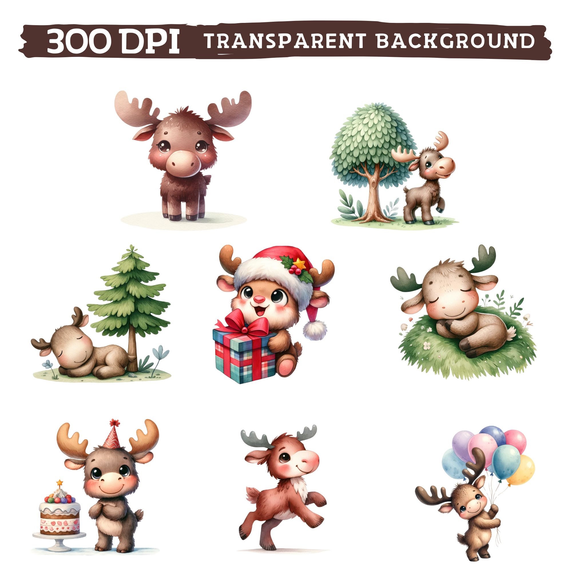 Adorable Moose Clipart, Watercolor Cute Baby Moose Nursery, Woodland ...