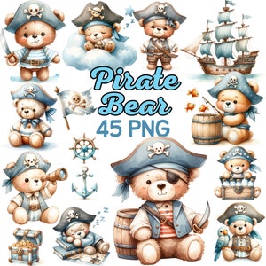 Clipart aquarelle ours pirate mignon, sublimation de drapeau de bateau pirate pour chambre d'enfant, carte pirate aventure anniversaire ours baby shower Bundle Png