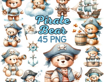 Watercolor Cute Pirate Bear Clipart, Boy Nursery Pirate Ship Flag Sublimation, Pirate Map Adventure Birthday Bears Baby Shower Bundle Png