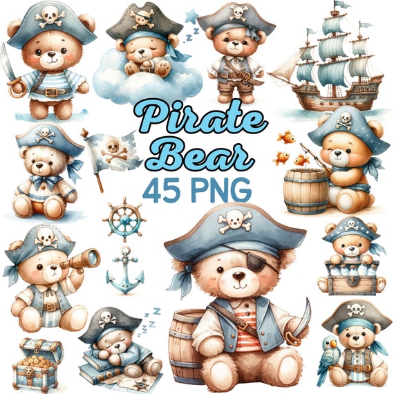 Watercolor Cute Pirate Bear Clipart, Boy Nursery Pirate Ship Flag Sublimation, Pirate Map Adventure Birthday Bears Baby Shower Bundle Png