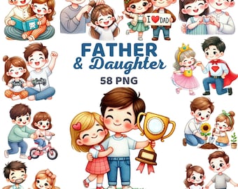 Father and Daughter Clipart, Cute Dad & Child, Watercolor Father's day, Best Dad Family Nursery, Fatherhood, Daddy Man Grandfather Png