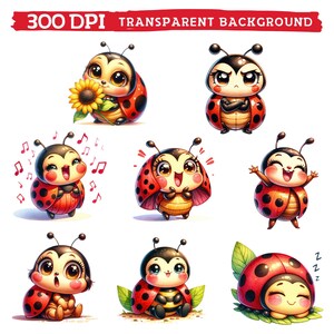 Watercolor Cute Ladybug Clipart, Spring Summer Bug Nursery Sublimation, Kawaii Ladybugs Lover Birthday Baby Shower Bundle Png image 5