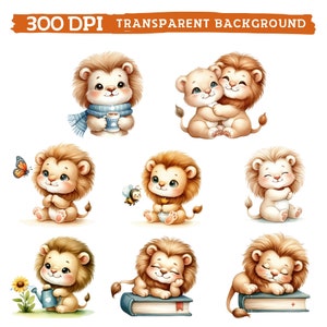 May include: Nine illustrations of cute cartoon lions in various poses. The lions are depicted with brown fur, big eyes, and pink noses. Some lions are holding objects, such as a cup of coffee, a book, or a watering can.