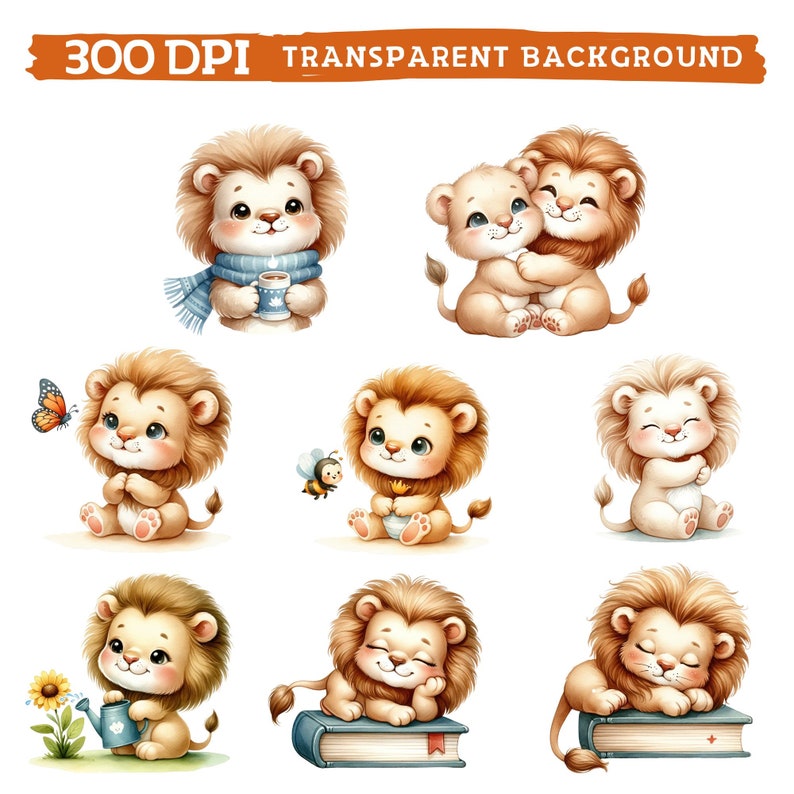 May include: Nine illustrations of cute cartoon lions in various poses. The lions are depicted with brown fur, big eyes, and pink noses. Some lions are holding objects, such as a cup of coffee, a book, or a watering can.