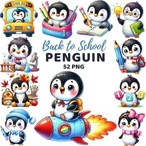 May include: A collection of cartoon penguins in various school-themed settings. The penguins are depicted with pencils, books, backpacks, and a school bus. The text "Back to School PENGUIN 52 PNG" is also present.