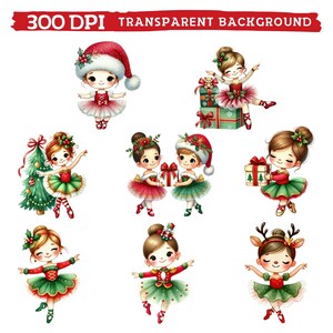 May include: A collection of Christmas-themed ballerina illustrations. Each ballerina is depicted in a festive outfit, including tutus, Santa hats, and reindeer antlers. The image also includes a Christmas tree and gift boxes, all with a transparent background.