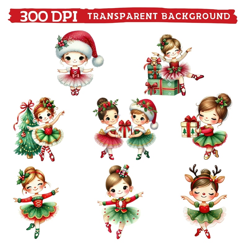 May include: A collection of Christmas-themed ballerina illustrations. Each ballerina is depicted in a festive outfit, including tutus, Santa hats, and reindeer antlers. The image also includes a Christmas tree and gift boxes, all with a transparent background.
