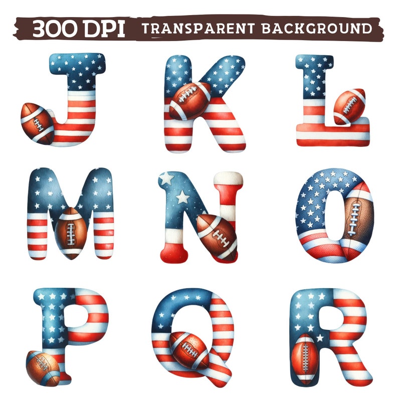 May include: A set of alphabet letters J through R decorated with American flag colors and a football. The letters are in a watercolor style.
