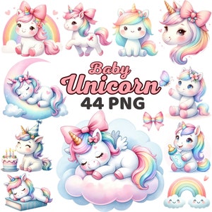 Watercolor Cute Unicorn Clipart, Magic Rainbow Unicorn Girl Nursery Sublimation, Kawaii Unicorn Lover Birthday Baby Shower Bundle Png