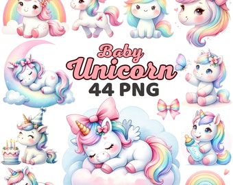 Watercolor Cute Unicorn Clipart, Magic Rainbow Unicorn Girl Nursery Sublimation, Kawaii Unicorn Lover Birthday Baby Shower Bundle Png
