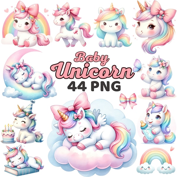 Watercolor Cute Unicorn Clipart, Magic Rainbow Unicorn Girl Nursery Sublimation, Kawaii Unicorn Lover Birthday Baby Shower Bundle Png