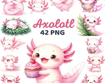 Cute Axolotl Clipart, Watercolor Axolotl Animals Nursery, Axolotl Lover Kawaii Salamander, Pink Water Creatures, Water Animal Kid Bundle Png