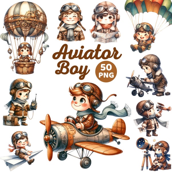 Watercolor Cute Aviator Boy Clipart, Pilot Kids Aviator Nursery, Air Transport Aviation Airplane Adventure Birthday Party Bundle Png