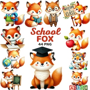 Puede incluir: Una colección de zorros de dibujos animados en varias poses temáticas escolares. Los zorros son de color naranja y blanco, algunos con gafas, sosteniendo libros, lápices y manzanas. El texto dice "School FOX 44 PNG".