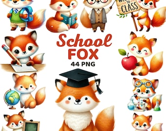 School Fox clipart, aquarel schattig terug naar school Fox leraren kinderen, kleuterschool, jongen, pre-k, onderwijs leren klas decor png