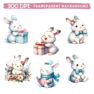 May include: Six digital illustrations of cute bunnies in various poses. One bunny holds a blue gift box, another holds a striped gift box, one is surrounded by flowers, one is reading a book, one is wearing a scarf, and one is wearing a blue bow.