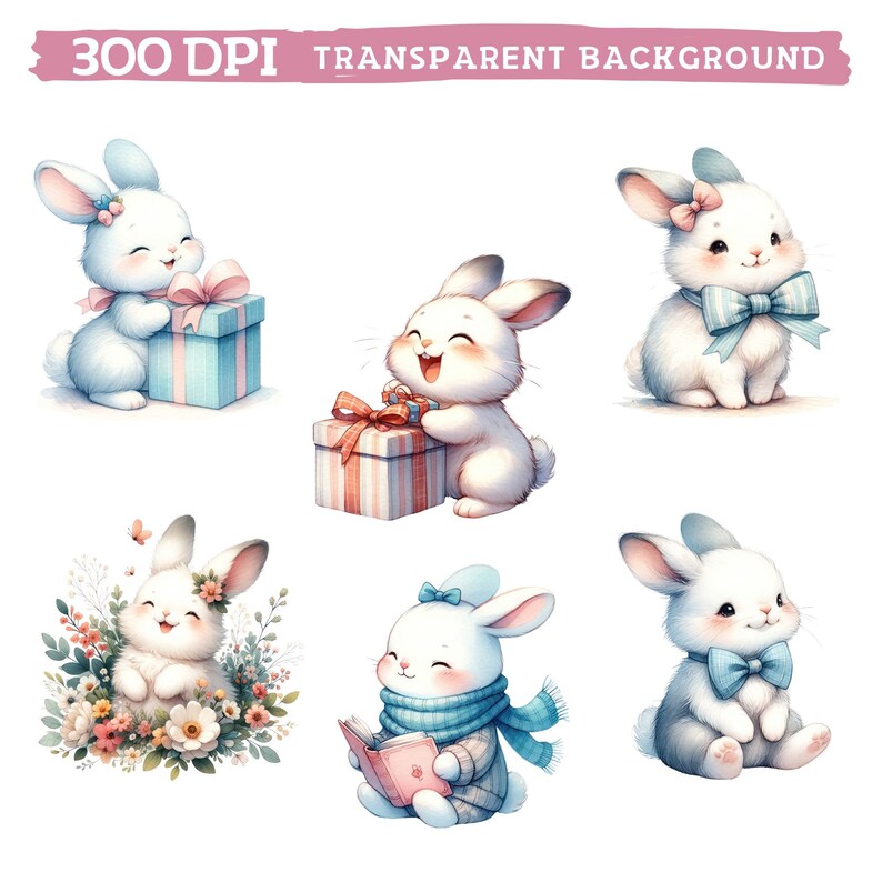 May include: Six digital illustrations of cute bunnies in various poses. One bunny holds a blue gift box, another holds a striped gift box, one is surrounded by flowers, one is reading a book, one is wearing a scarf, and one is wearing a blue bow.