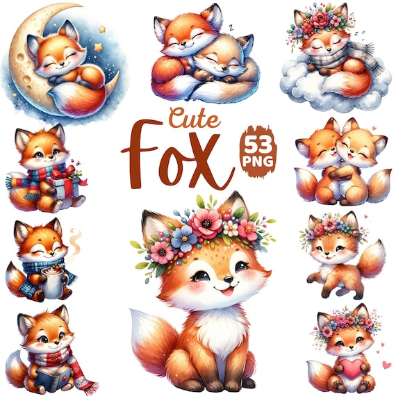 Watercolor Cute Fox  Clipart, Fox Sleep on Moon Cloud Animals Nursery, Fox Lover Woodland Animal Kids Birthday Baby Shower Bundle Png