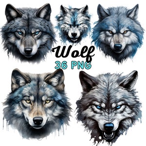 Puede incluir: Cinco ilustraciones digitales de cabezas de lobo con pelaje azul y gris. Las cabezas de lobo están mirando hacia adelante con la boca cerrada, excepto una cabeza de lobo con la boca abierta, mostrando sus dientes. Las cabezas de lobo están sobre un fondo blanco con salpicaduras azules y grises como de acuarela.