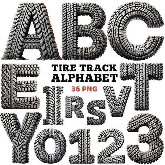 タイヤ跡のアルファベットクリップアート、工業用テキストフォント