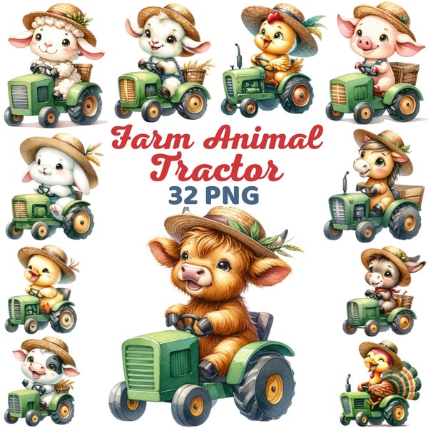 Adorable Farm Animal Clipart, Watercolor Cute Tractor-Riding Critters Nursery, Farm Animals Cow Horse Chicken Lover Kids Boy Girl Bundle Png