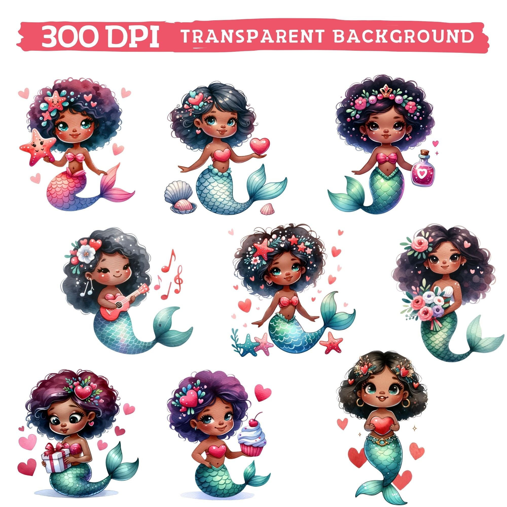 Watercolor Cute African American Mermaid Valentines Clipart Png ...