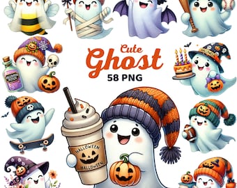 Watercolor Halloween Ghost Clipart, Cute Spooky Costume, Festive Ghosts, Halloween Coffee Latte Pumpkin, Kids Halloween Png