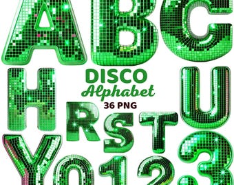 Retro Disco Alphabet Clipart, Green Shiny Mirror Ball Letters & Numbers, Colorful 80s 70s Party Funky Lettering Png